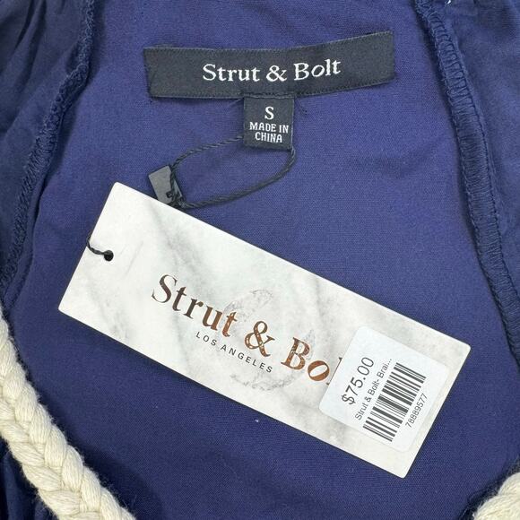 Strut & Bolt SMALL navy blue long sleeve mini dress braid embroidery pockets - Picture 3 of 10